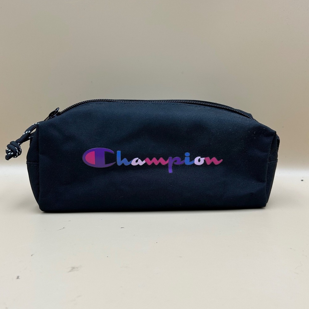 Champion Black Canvas Utility Pouch Ombre Logo Toiletry Makeup Bag Pink Interior